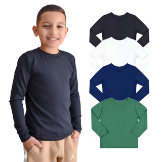 Kit 4 Camisetas Manga Longa Infantil Ribana Menino Básica Lisa Tamanho 2 ao 12, Camisa Inverno 100% algodão em Oferta na Shopee