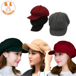 Boina Feminina Chapéu Gorro Italiana Francesa Mulher Lã Camurça Inverno Lisa Xadrez Preta Inverno