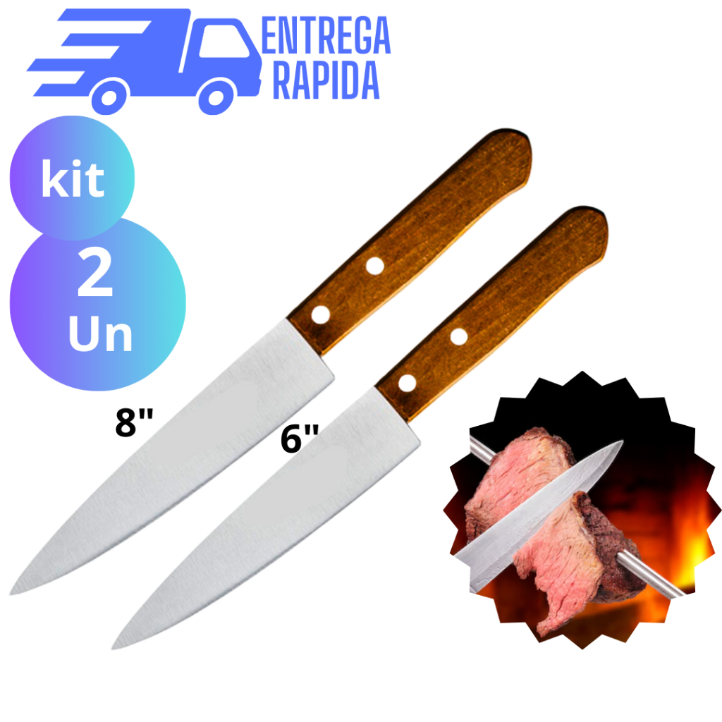 Kit 2 Faca De Cozinha Aço Inox Profissional 6 e 8 Polegadas  Cabo Madeira 33 e 28 cm