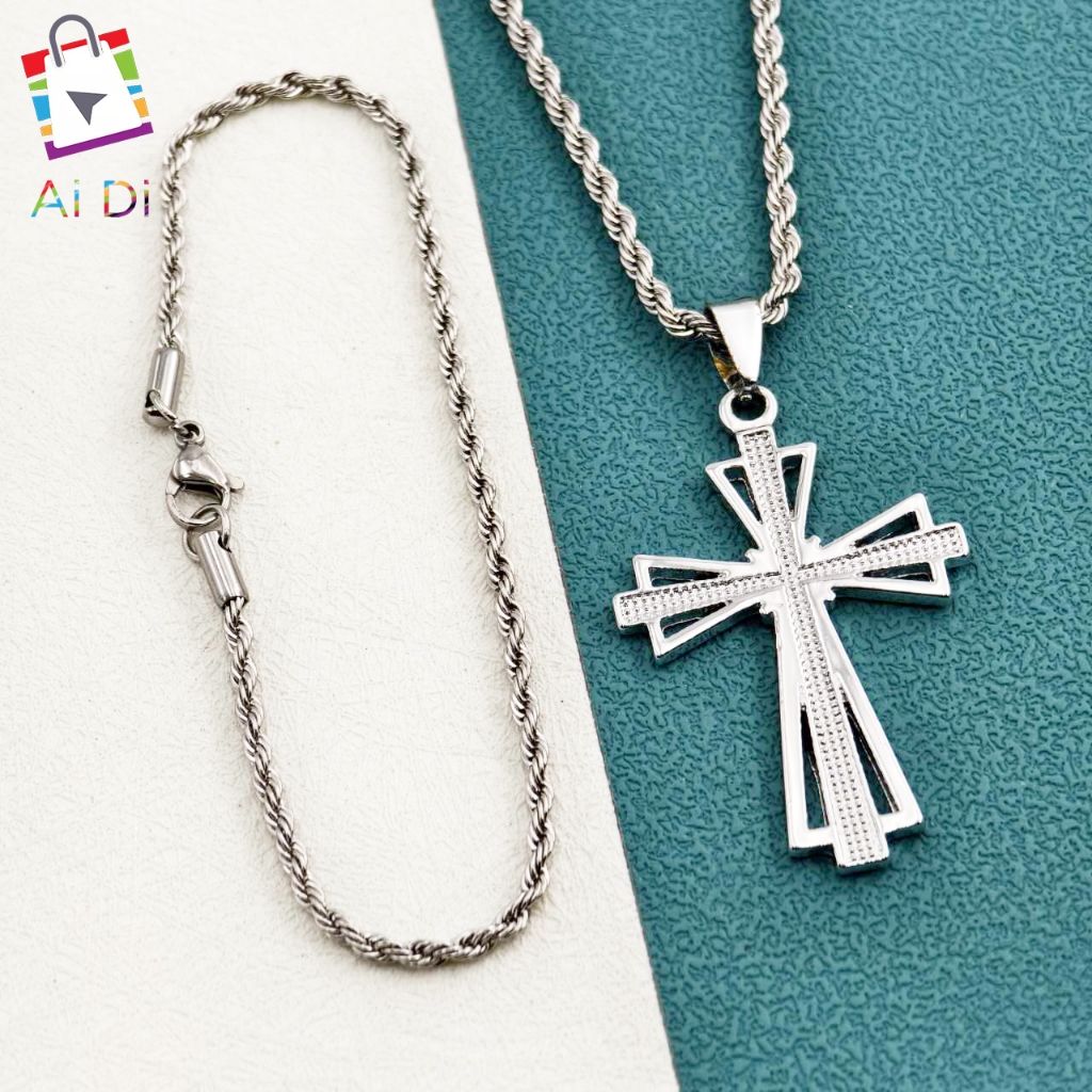 Colar de Cruz Masculino e Feminino, Crucifixo em Aço Inoxidável 316L Prata Não Escurece Antialérgico