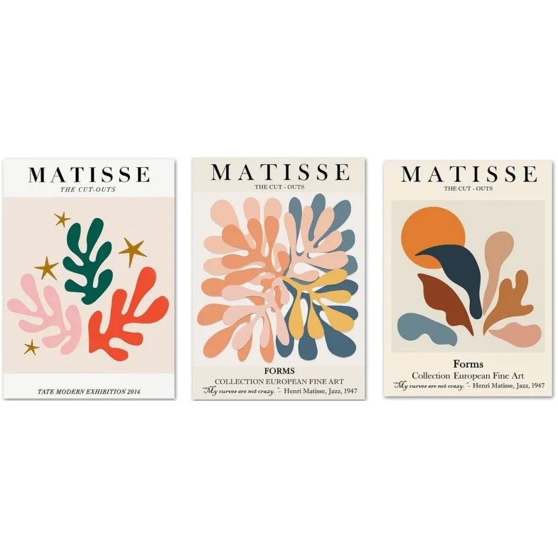Quadro decorativo Pintura matisse abstrata colorida folhas abstratas com estampas nórdicas (3 peças)