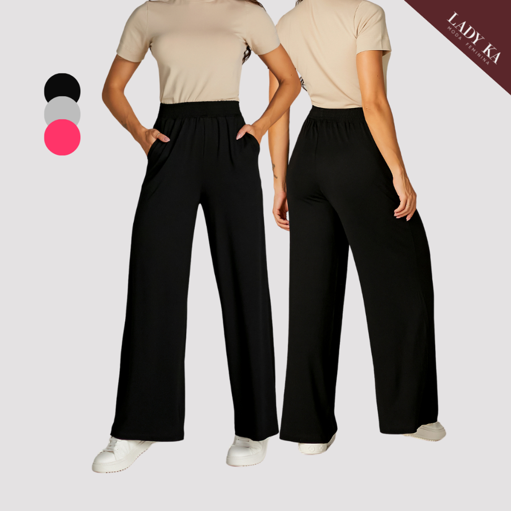 Calça Pantalona Feminina  Malha Cintura Alta Soltinha em Oferta na Shopee