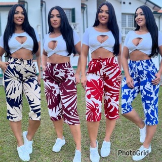 calça pantacourt  feminina  estampada floral midi  com bolso calça capri