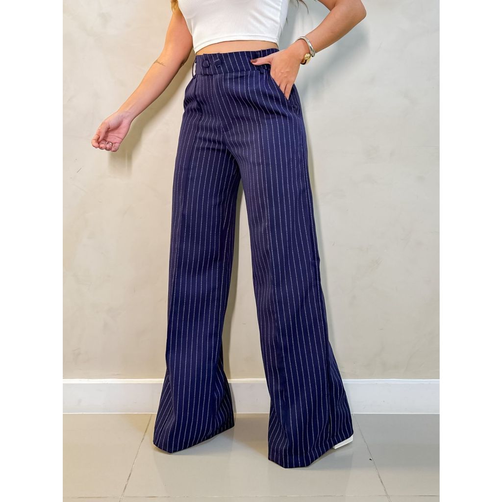 H928 Calça Feminina Risca de Giz , Cintura Alta, Listras, Casual, Social, Moderno Elegante