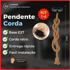 Pendente Corda 1.5m Retro Vintage Rústico Sisal E27 Para Decoração Com Detalhes Pérola Preta
