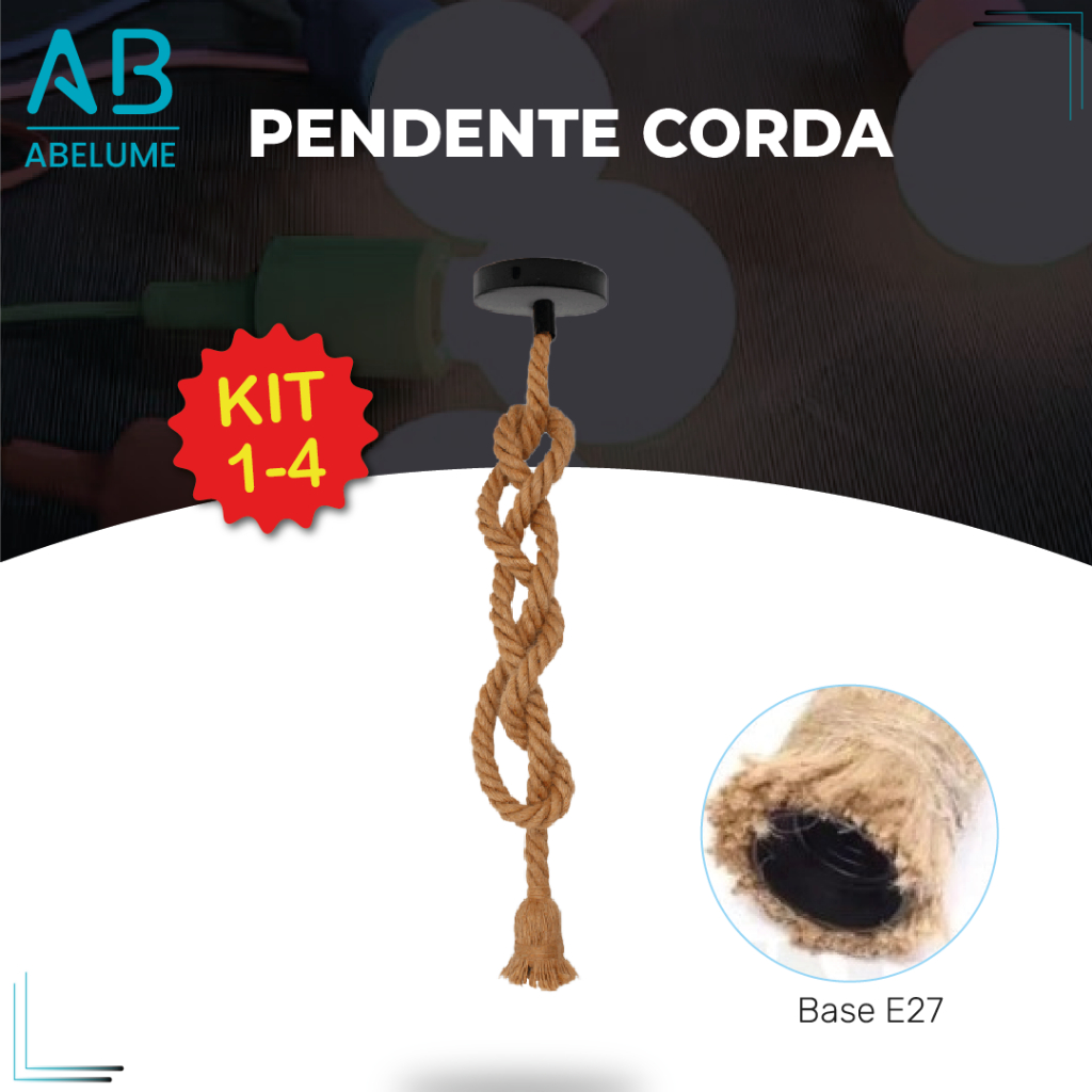 Kit 1-4 Pendente Corda 1.5M Retro Vintage Rústico Sisal E27 Para Decoração Com Detalhes Pérola Preta - Home & Living