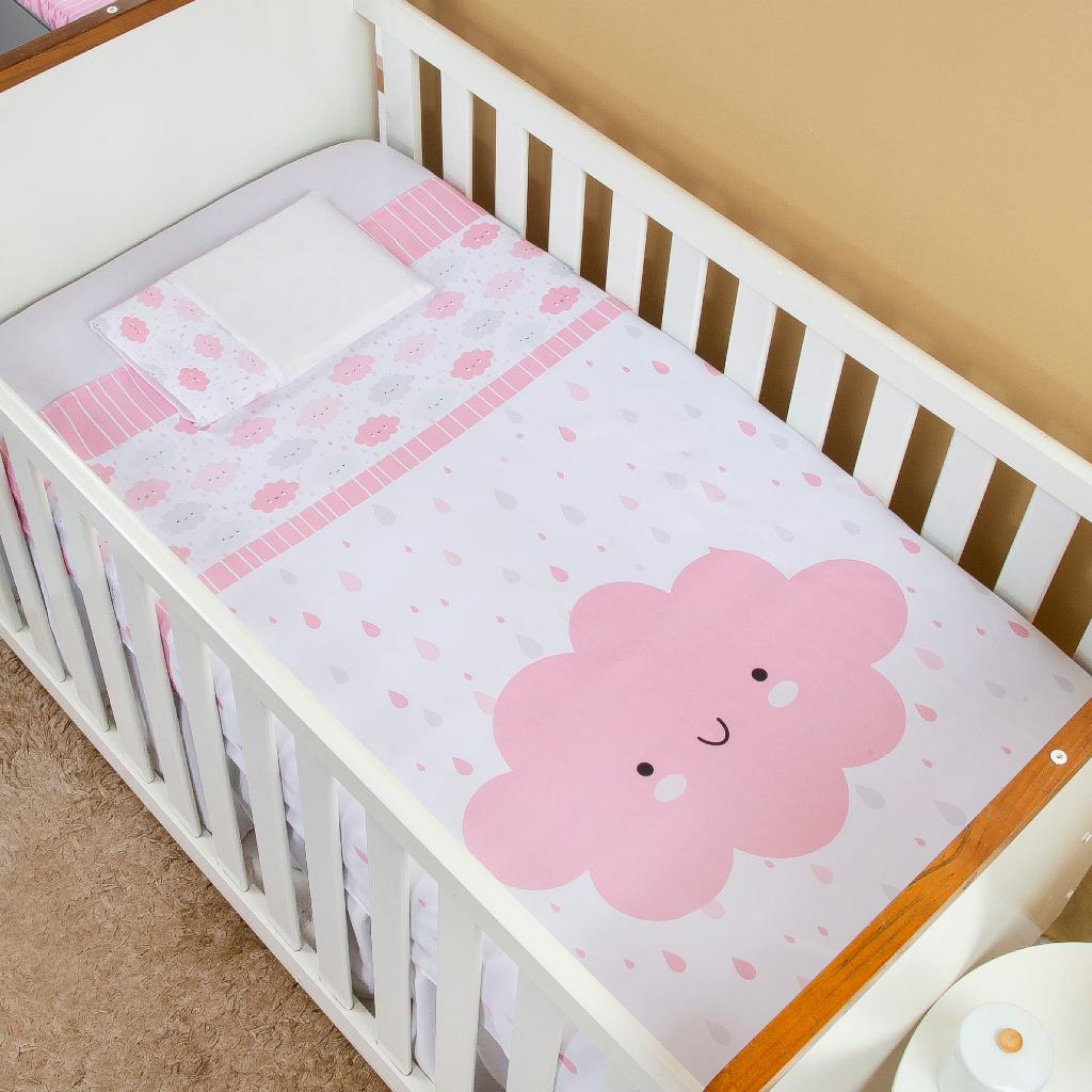 Jogo De Lençol 3 Pçs Berço Americano Bebê Menina Chuvinha de amor em Oferta na Shopee