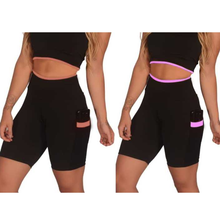 Kit 2  Short Feminino Fitness Academia com Bolso de Tela Porta Celular em Oferta na Shopee