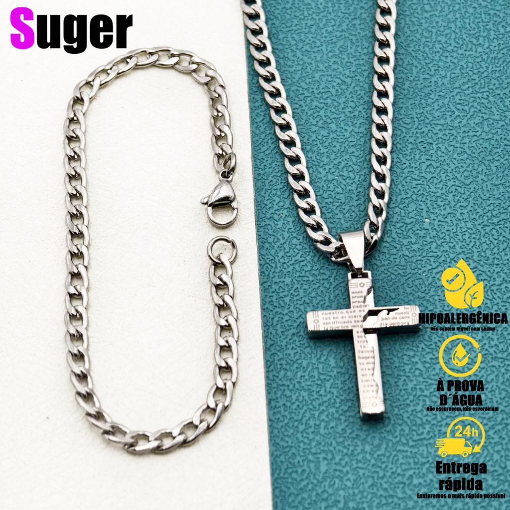 Kit Correntes Masculina: Cordão com Pulseira, Não Escurece, Pingente de Cruz, Aço Inoxidável 316L