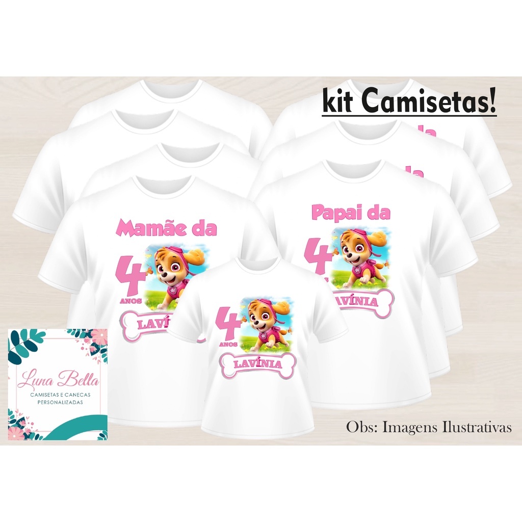 Kit 17 Camisetas Personalizadas Aniversário Skye ( 14 Camisetas Adultas Tamanho Normal, 2 Camisetas Plus Size e 1 Camiseta Infantil )