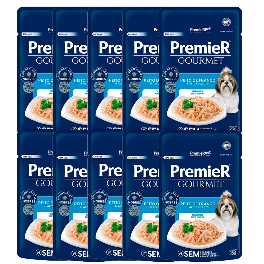 Kit 10un Ração Úmida Premier Gourmet Cães Ad. Raças Pequenas Peito de Frango e Arroz Integral 85g