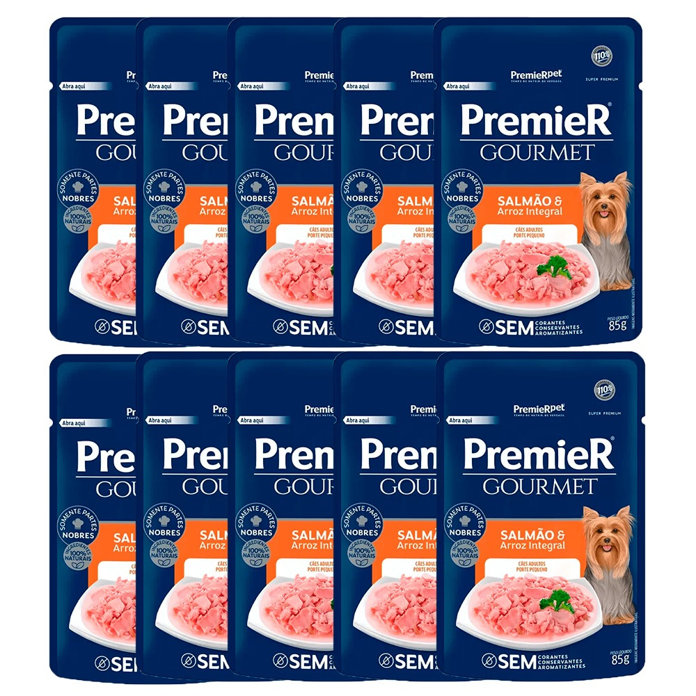 Kit 10un. Ração Úmida Premier Gourmet Sachê Cães Adultos Raças Pequenas Salmão e Arroz Integral 85g - Pets