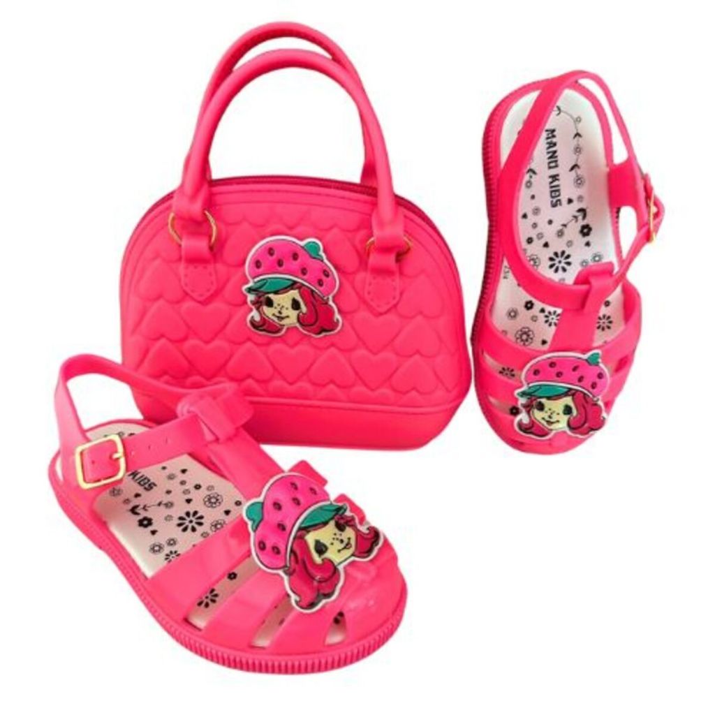 Kit Sandália Feminina Infantil com Bolsa da Sandalia Ajuste Fivela Bolsinha Rosa Menina Personagem