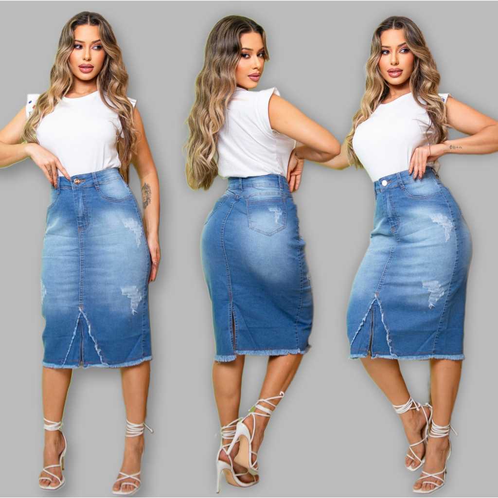 Saia Jeans Longa Feminina Moda Cristã Evangélica Secretaria em Oferta na Shopee