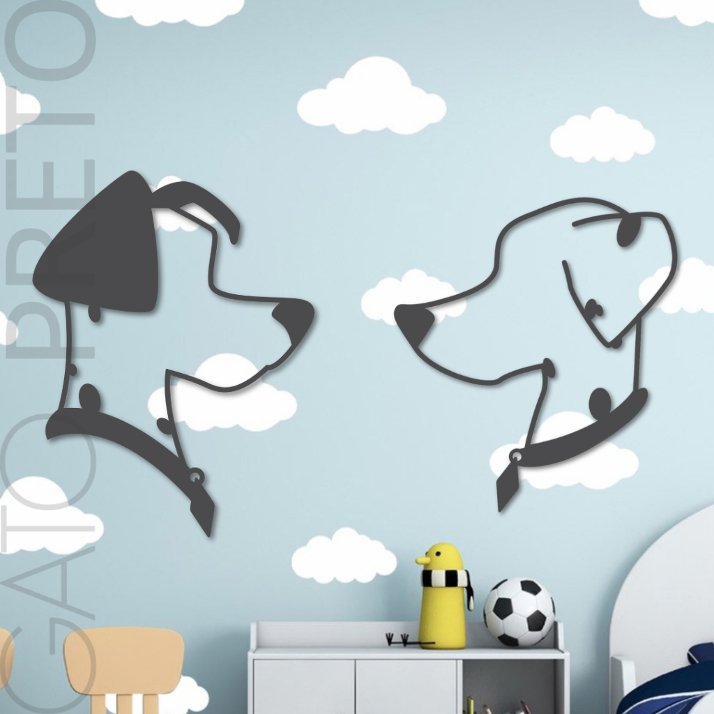 Placa Quadro Decorativo Silhueta 101 Dálmatas Par Disney Pets Grande Madeira MDF Com Fita Dupla Face Adesiva Preto Fosco