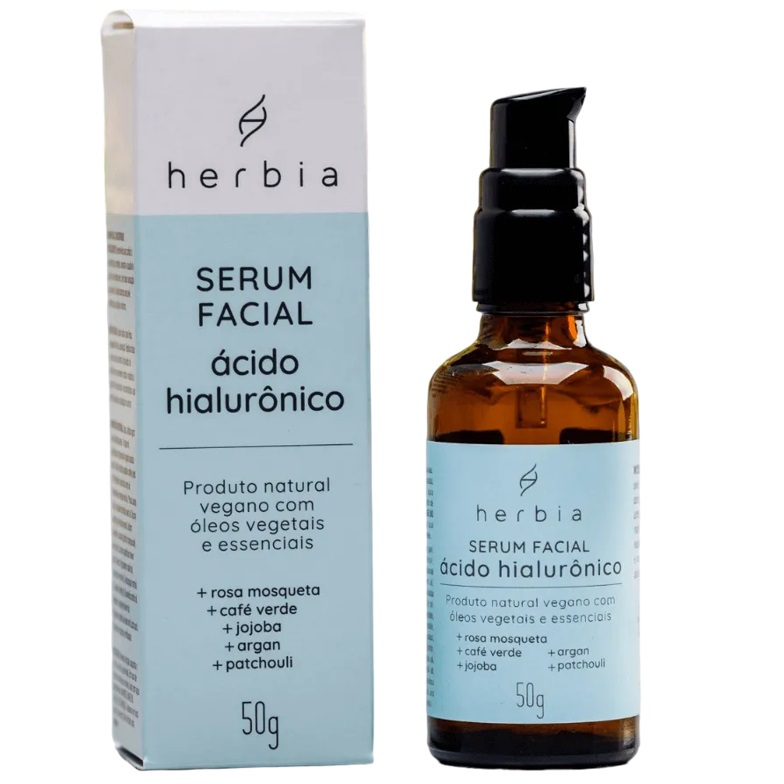 Serum Facial Acido Hialuronico Herbia Rosa Mosqueta café verde jojoba argan patchauli natural vegano