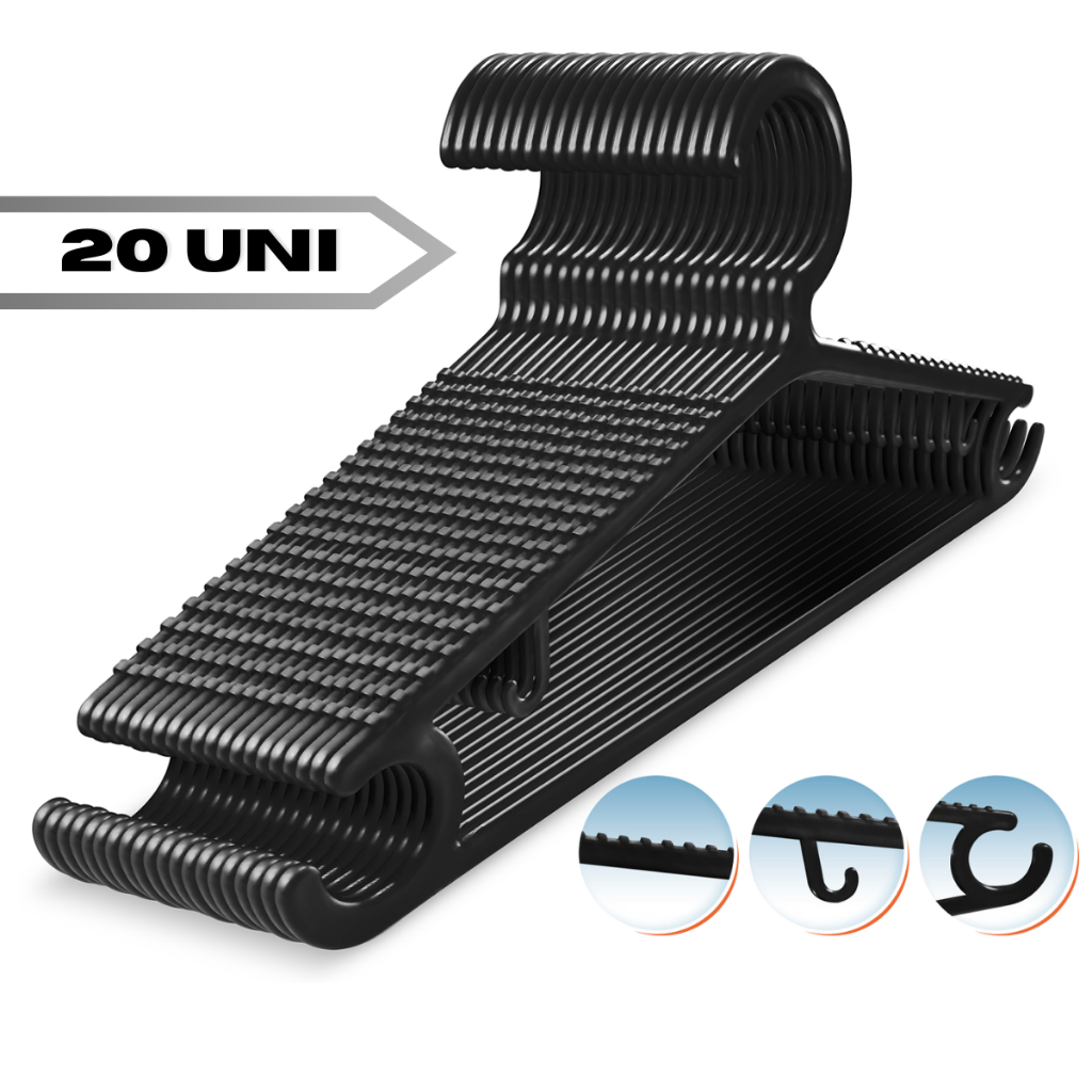 Cabide Antideslizante Adulto Preto 20un Resistente Reforçado 39cm Para Guarda-Roupas Closet Araras