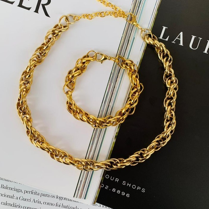 Conjuntos Semi Joia Colar e Pulseira Maxi Elo triplo