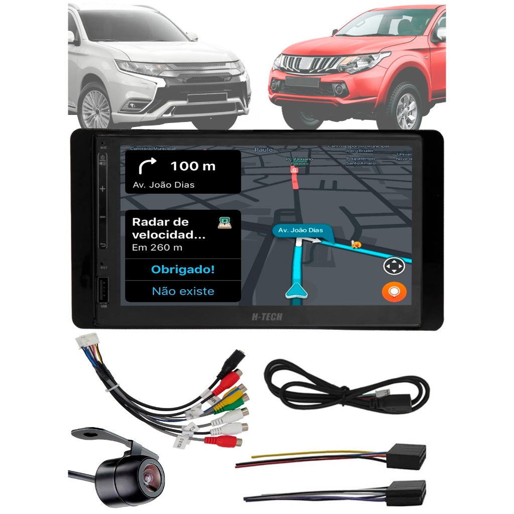 Multimídia 2 Din Outlander 2014 a 2021 e Triton 2018 em Diante + Câmera de Ré + Moldura + Chicote de Ligação