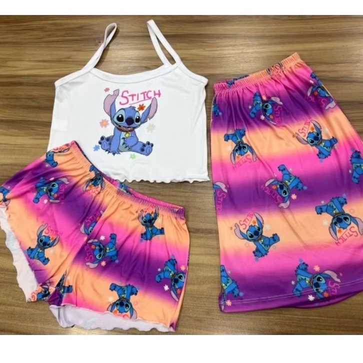 Pijama de casal estampa personagens Cropped samba canção alça alcinha pijama de casal kit Mozão Lilo Stitch vaquinha shortDoll babydoll ursinho Pooh primavera verão namorados casados kit casal samba canção