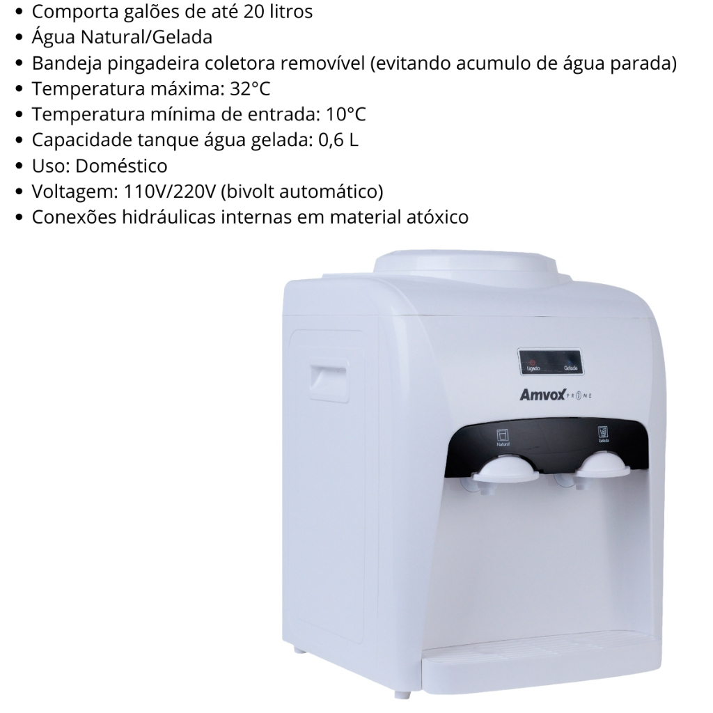 Detalhes do Bebedouro Refrigerado Amvox ABB 240 Branco Para Garrafão Galão 20L Água Gelada Natural Bivolt