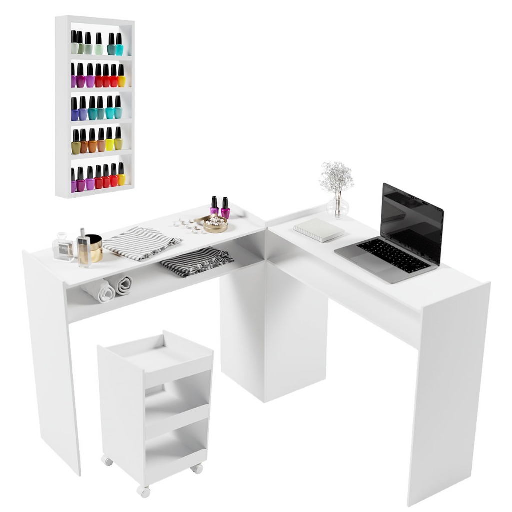 Mesa p/ Manicure Completa com Carrinho Aux. e Expositor - Mega Oferta