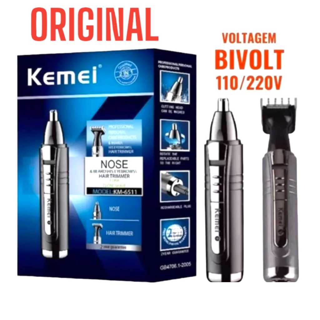 Máquina Acabamento Barba Cabelo Tirar Pelos Nariz Orelha 2 em 1 Kemei Original Recarregável