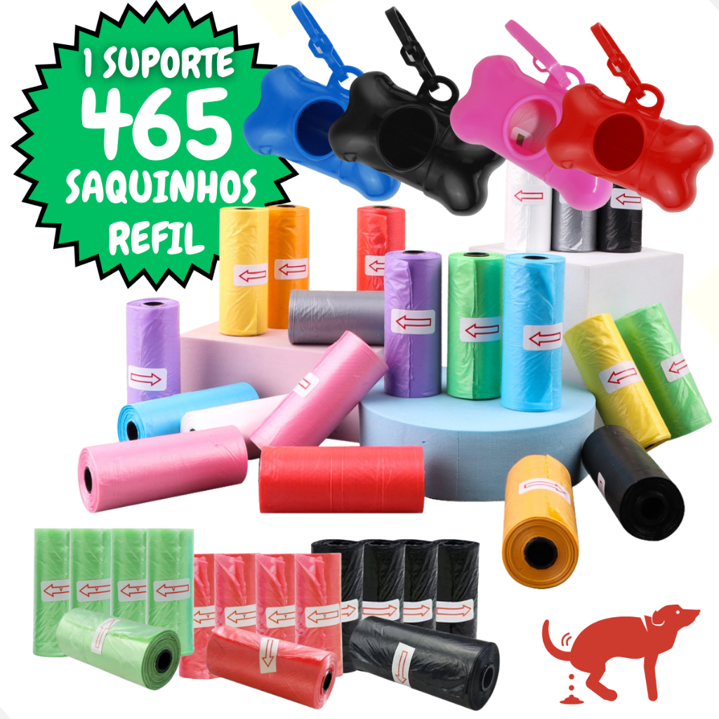 Kit 1 Suporte Cata Caca e 465 Saquinhos Refil Higiênico Pet