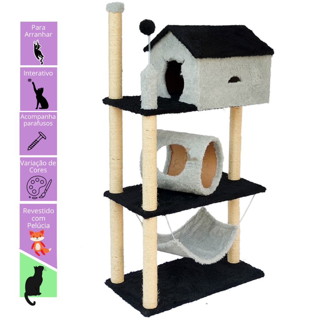 Arranhador Casinha para Gatos 3 Andares Túnel e Rede Brinquedo Torre Poste Sisal Cama em Oferta na Shopee