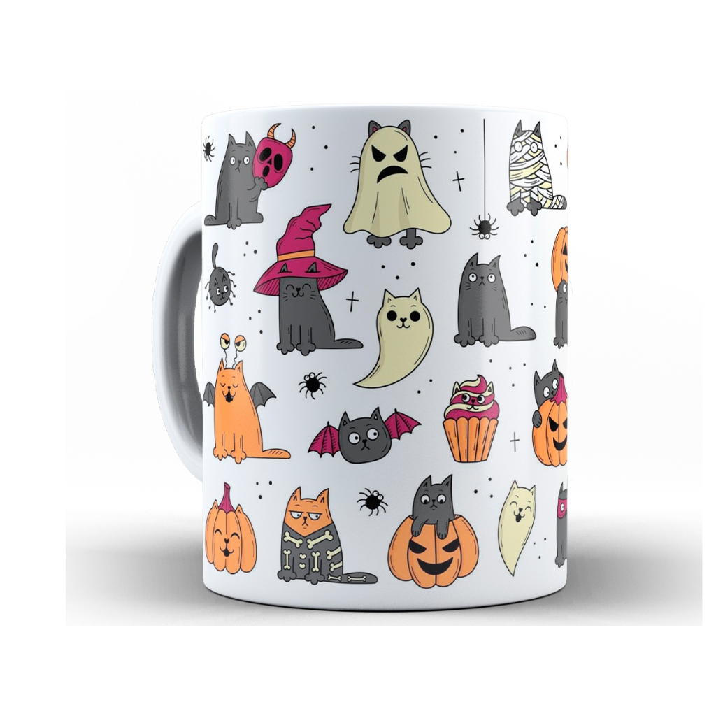 Caneca Gatos Divertidos Halloween + Caixa - Xícara Divertida 325ML Cerâmica