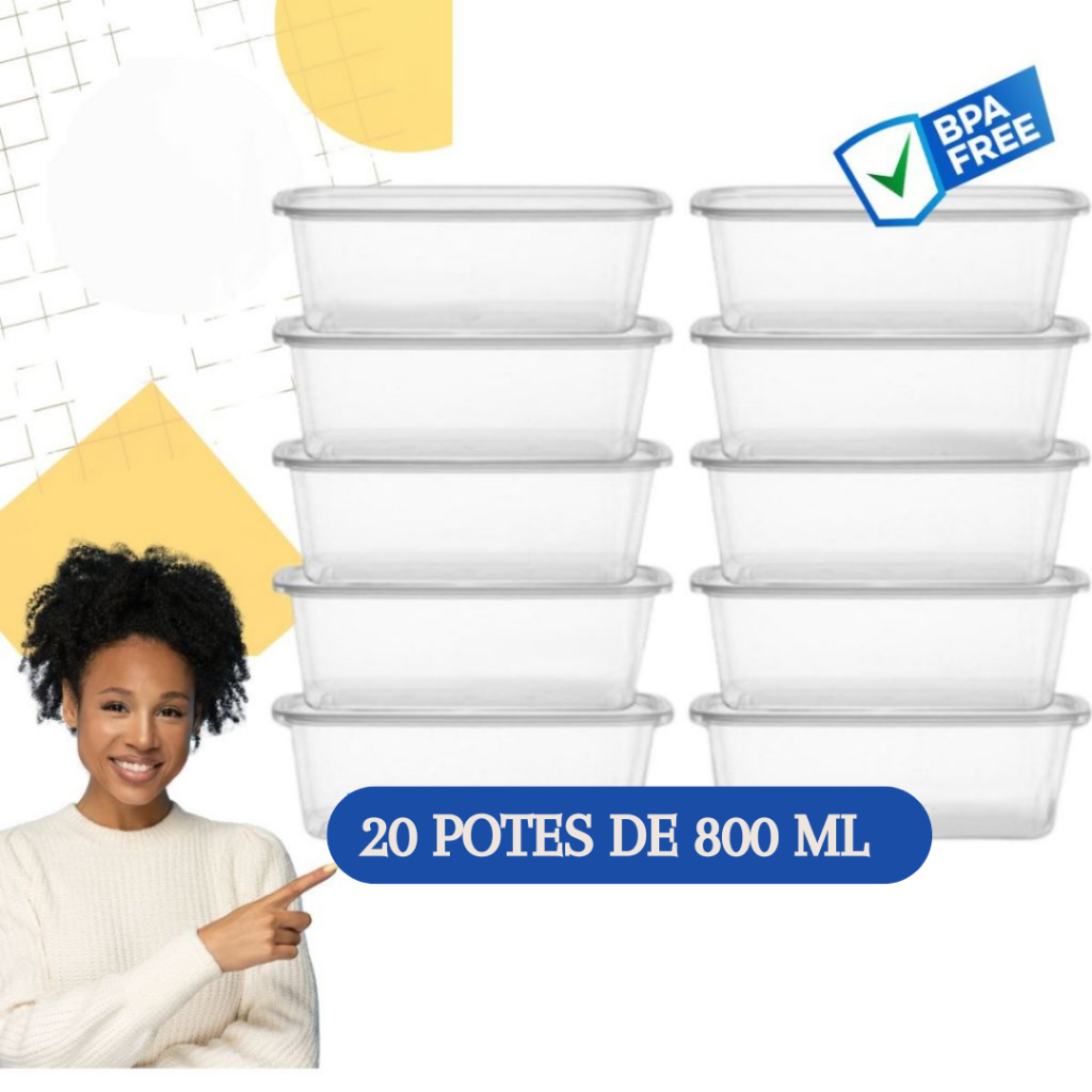 Kit 20 Potes Transparentes 800ml Reutilizável Com Tampa Marmita Fitness Organizador Alimentos Freezer Microondas