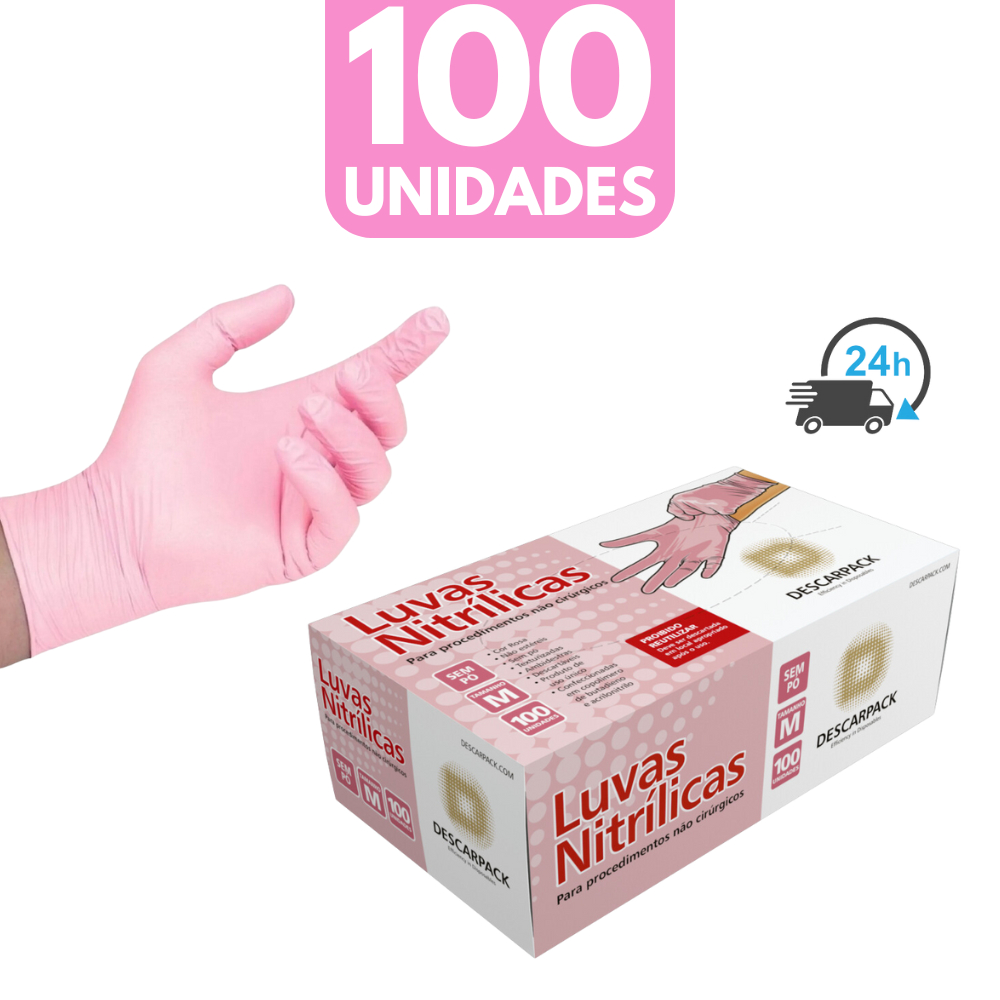 Luva Nitrilica Descartável Rosa Pink Sem Pó 100 Unidades Sem talco Caixa C/100