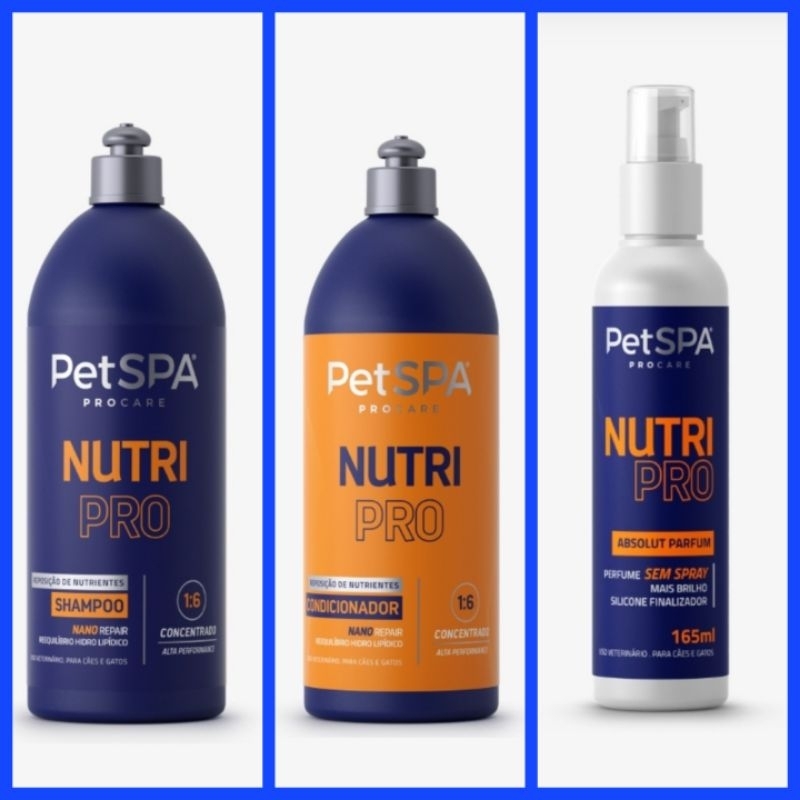 Kit Pet PetSpa Nutri Pro: 1 Shampoo Nutri Procare 1L + 1 Condicionador Nutri Pro 1L + Absolut Parfum Nutri Pro 165ml Perfume sem Spray.