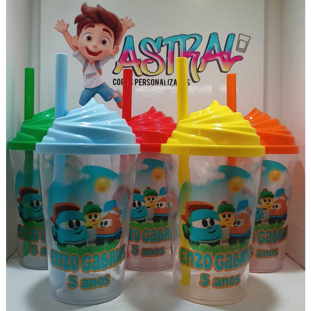 KIT COPO TWISTER PERSONALIZADO 300ML LÉO O CAMINHÃO (TAMPA CHANTILLY) em Oferta na Shopee