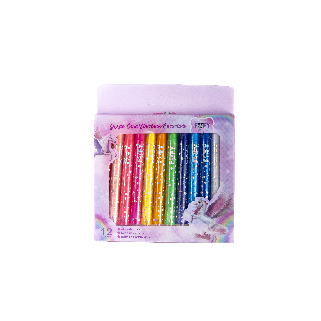 Kit com 12 giz de cera retrátil Unicórnio Encanto - Fofy