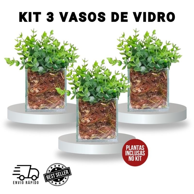 Kit 3 vasinhos de vidro com planta artificial permanente decoração