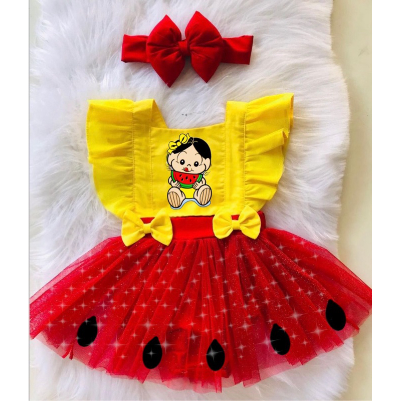 Romper Melancia Magali Body Salopete Fantasia Vestido Saia Jardineira Roupa Infantil Bebê Magali Frutas