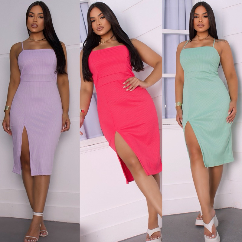 VESTIDO FEMININO CANELADO ALÇA VERÃO CARLA LANÇAMENTO em Oferta na Shopee