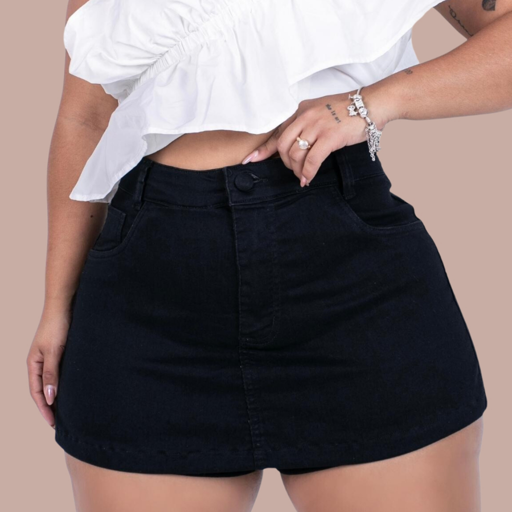 Short Saia Preto Básico Plus Size  Cintura Alta Barra Feita em Oferta na Shopee