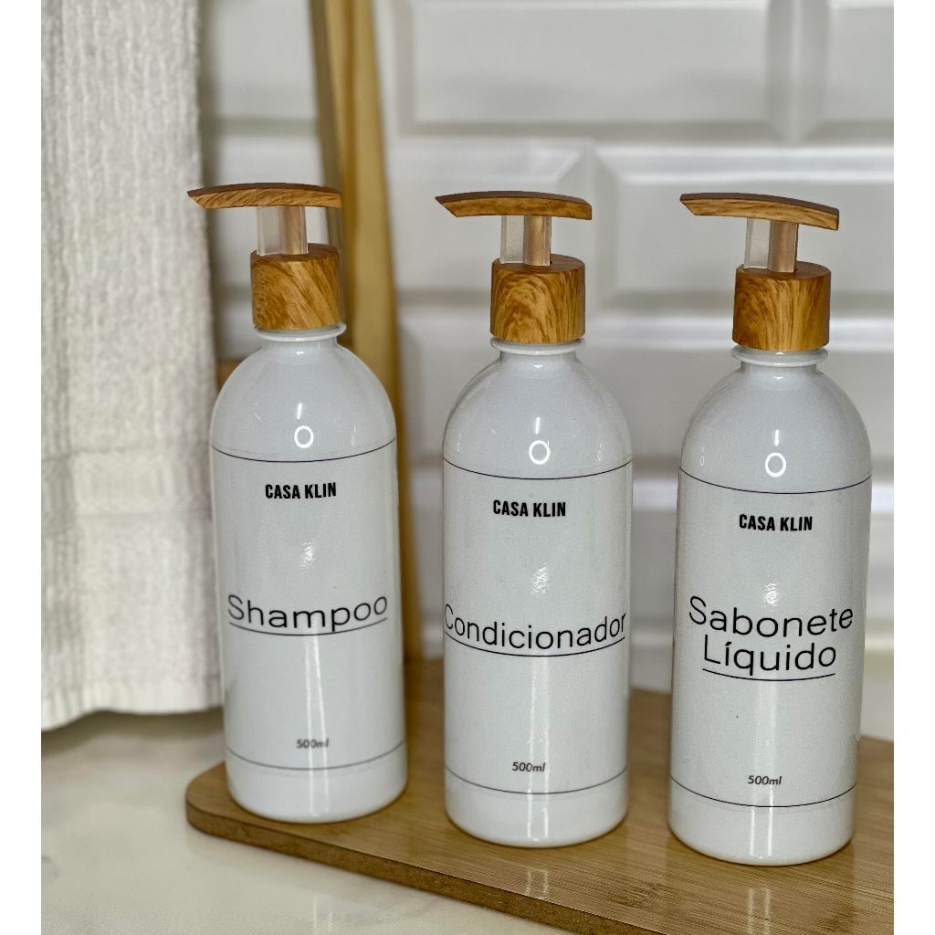 kit banheiro, 3 frascos luxo, organizadores para shampoo, condicionador e sabonete líquido 500ml