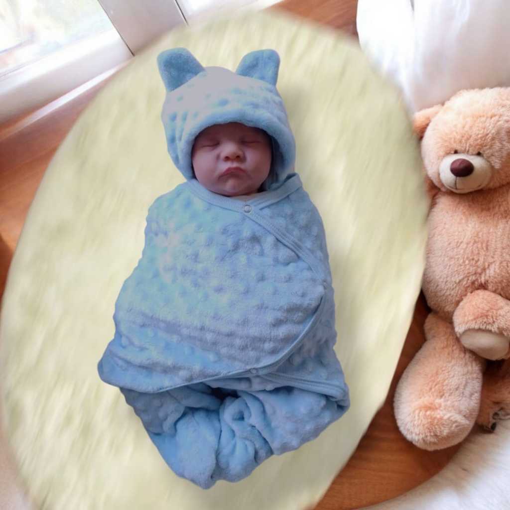 Manta Saco de Dormir Com Touca e Orelhinhas Bolinhas Para Bebê Cueiro Casulo Swaddle Cobertor