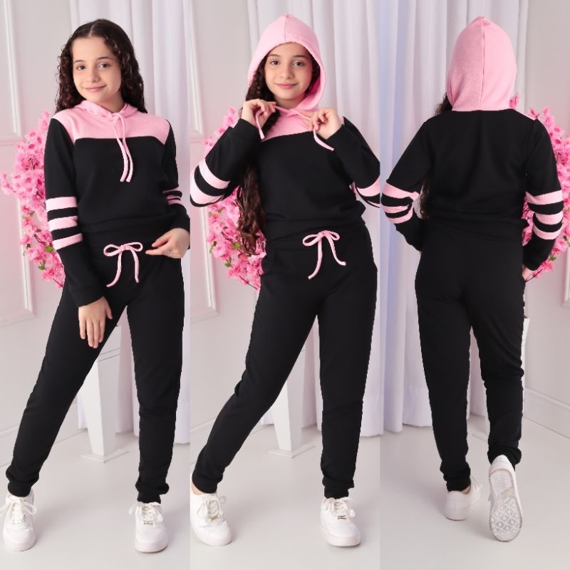 Conjunto Moletom  infantil juvenil bicolor com capuz ( 04 ao 14 ) Tendência Outono e inver...