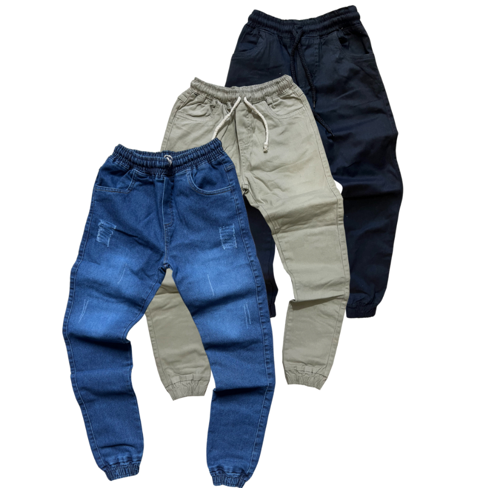 kit 03 calças jogger menino infantil juvenil sarja e jeans escola outono inverno esporte variadas em Oferta na Shopee