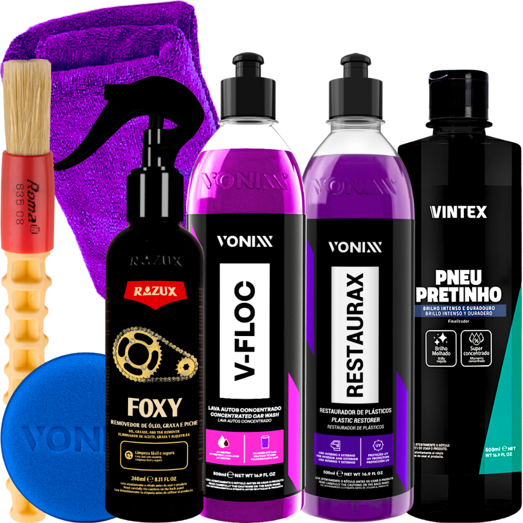 Kit Revitalizador Plástico Pneu Pretinho Foxy Limpa Corrente V-Floc Vonixx em Oferta na Shopee