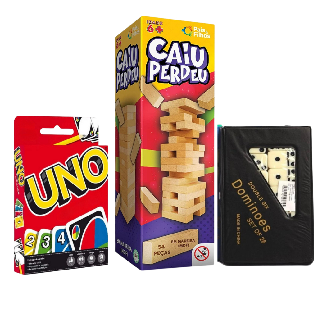 Kit Diversão Jogos de Mesa Clássico Jogo Caiu, Perdeu + Uno + Dominó Brinquedo Jogos de Tabuleiro