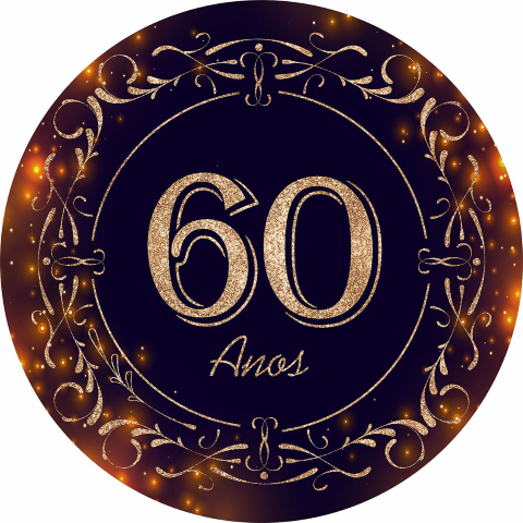 Painel Festa Infantil Redondo 60 Anos, Aniversário detalhes dourados + Arco, Suporte incluso. Fazemos personalizado com qualquer tema. Confeccionado em Lona fosca, impressão de alta resolução. cenário Circular p/ Decoração