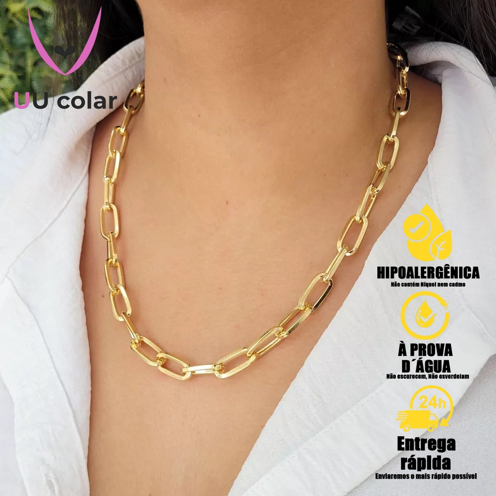 Colar Correntaria M com Design em Elos Retangulares Médios 60cm - Folheado a Ouro Itália, ...