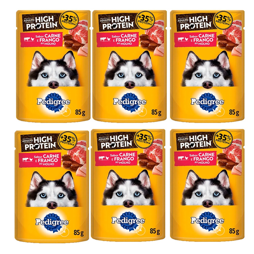 Kit 6un. Ração Úmida Pedigree High Protein Sachê Cães Adultos Carne e Frango Ao Molho 85g