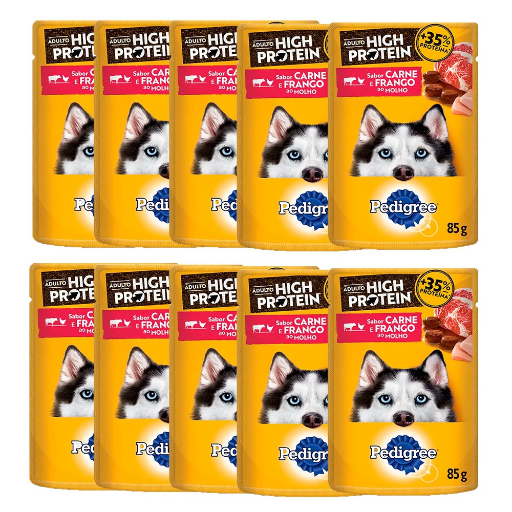 Kit 10un. Ração Úmida Pedigree High Protein Sachê Cães Adultos Carne e Frango Ao Molho 85g - Pets