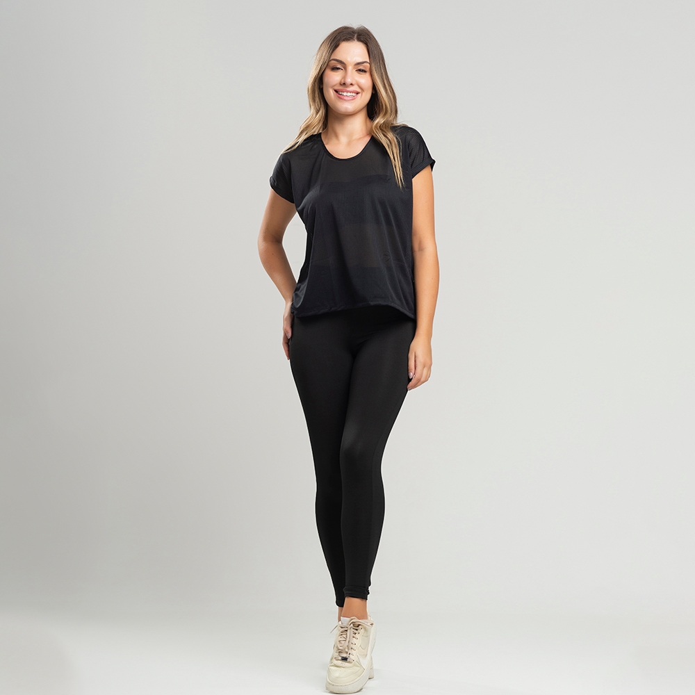 Detalhes do Kit calça legging básica cós médio + blusinha fitness em tecido dry para academia